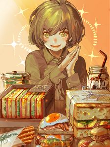 Preview wallpaper girl, smile, food, anime, art