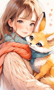 Preview wallpaper girl, smile, fox, sweater, winter, anime, art