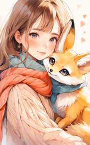 Preview wallpaper girl, smile, fox, sweater, winter, anime, art