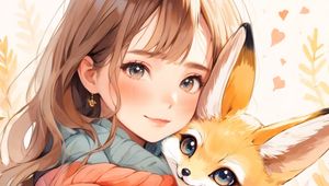 Preview wallpaper girl, smile, fox, sweater, winter, anime, art