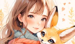 Preview wallpaper girl, smile, fox, sweater, winter, anime, art