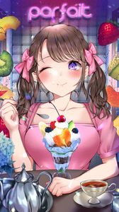 Preview wallpaper girl, smile, fruit, dessert, anime