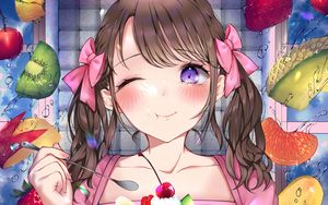 Preview wallpaper girl, smile, fruit, dessert, anime
