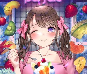 Preview wallpaper girl, smile, fruit, dessert, anime