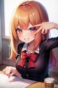 Preview wallpaper girl, smile, gesture, schoolgirl, anime, coffee