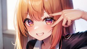 Preview wallpaper girl, smile, gesture, schoolgirl, anime, coffee