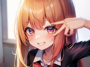Preview wallpaper girl, smile, gesture, schoolgirl, anime, coffee