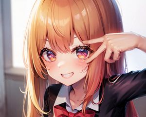 Preview wallpaper girl, smile, gesture, schoolgirl, anime, coffee