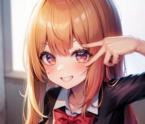 Preview wallpaper girl, smile, gesture, schoolgirl, anime, coffee