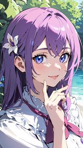 Preview wallpaper girl, smile, gesture, hair, purple, anime