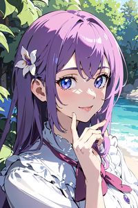 Preview wallpaper girl, smile, gesture, hair, purple, anime