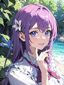 Preview wallpaper girl, smile, gesture, hair, purple, anime