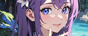 Preview wallpaper girl, smile, gesture, hair, purple, anime