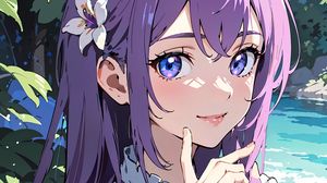 Preview wallpaper girl, smile, gesture, hair, purple, anime