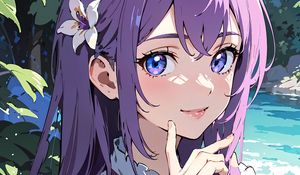 Preview wallpaper girl, smile, gesture, hair, purple, anime