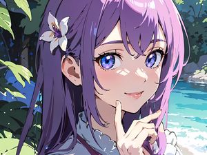 Preview wallpaper girl, smile, gesture, hair, purple, anime