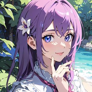 Preview wallpaper girl, smile, gesture, hair, purple, anime