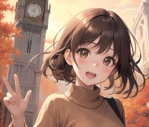 Preview wallpaper girl, smile, gesture, clock, anime