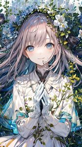 Preview wallpaper girl, smile, gesture, leaves, anime, art