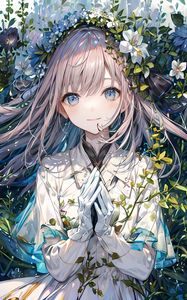 Preview wallpaper girl, smile, gesture, leaves, anime, art