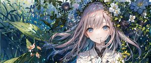 Preview wallpaper girl, smile, gesture, leaves, anime, art