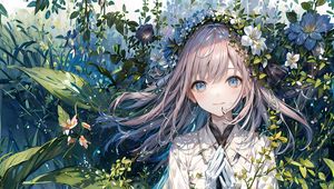 Preview wallpaper girl, smile, gesture, leaves, anime, art