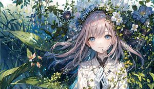 Preview wallpaper girl, smile, gesture, leaves, anime, art