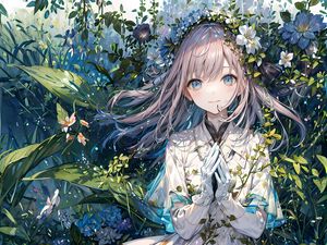 Preview wallpaper girl, smile, gesture, leaves, anime, art