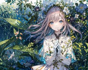 Preview wallpaper girl, smile, gesture, leaves, anime, art