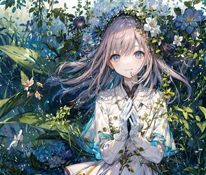 Preview wallpaper girl, smile, gesture, leaves, anime, art