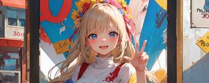 Preview wallpaper girl, smile, gesture, wreath, bright, anime, art