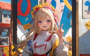 Preview wallpaper girl, smile, gesture, wreath, bright, anime, art
