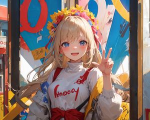 Preview wallpaper girl, smile, gesture, wreath, bright, anime, art