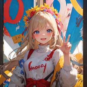 Preview wallpaper girl, smile, gesture, wreath, bright, anime, art