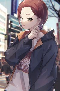 Preview wallpaper girl, smile, gesture, street, anime