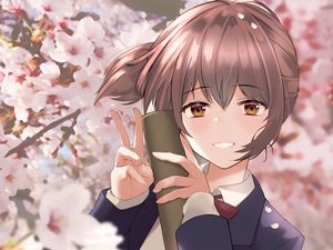 Preview wallpaper girl, smile, gesture, sakura, anime
