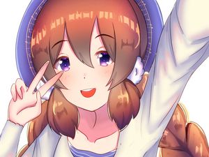 Preview wallpaper girl, smile, gesture, selfie, anime, art, cartoon