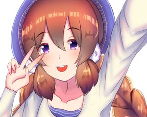 Preview wallpaper girl, smile, gesture, selfie, anime, art, cartoon