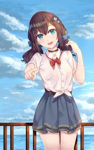 Preview wallpaper girl, smile, gesture, embankment, anime, art