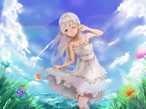 Preview wallpaper girl, smile, gesture, field, summer, anime