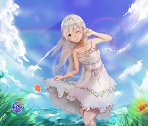 Preview wallpaper girl, smile, gesture, field, summer, anime