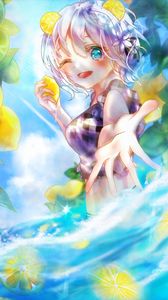 Preview wallpaper girl, smile, gesture, lemons, water, anime