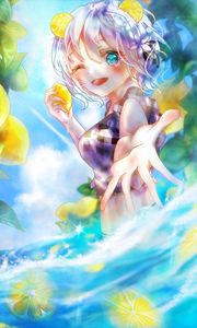 Preview wallpaper girl, smile, gesture, lemons, water, anime