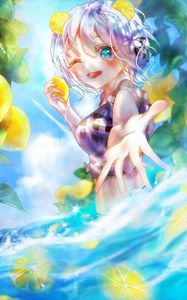 Preview wallpaper girl, smile, gesture, lemons, water, anime