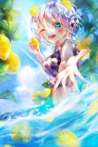 Preview wallpaper girl, smile, gesture, lemons, water, anime