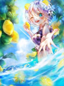 Preview wallpaper girl, smile, gesture, lemons, water, anime