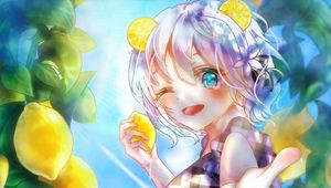 Preview wallpaper girl, smile, gesture, lemons, water, anime