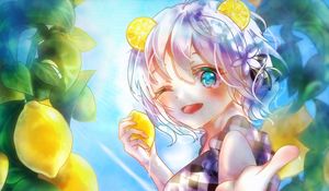 Preview wallpaper girl, smile, gesture, lemons, water, anime