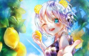 Preview wallpaper girl, smile, gesture, lemons, water, anime