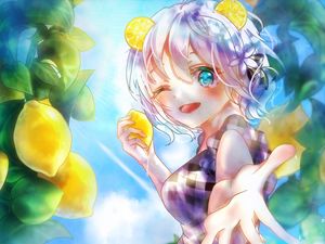 Preview wallpaper girl, smile, gesture, lemons, water, anime